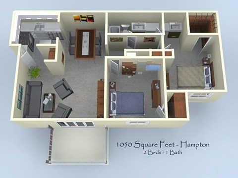 Floor plan for 2 beds, 1 bath, 1050 sqft